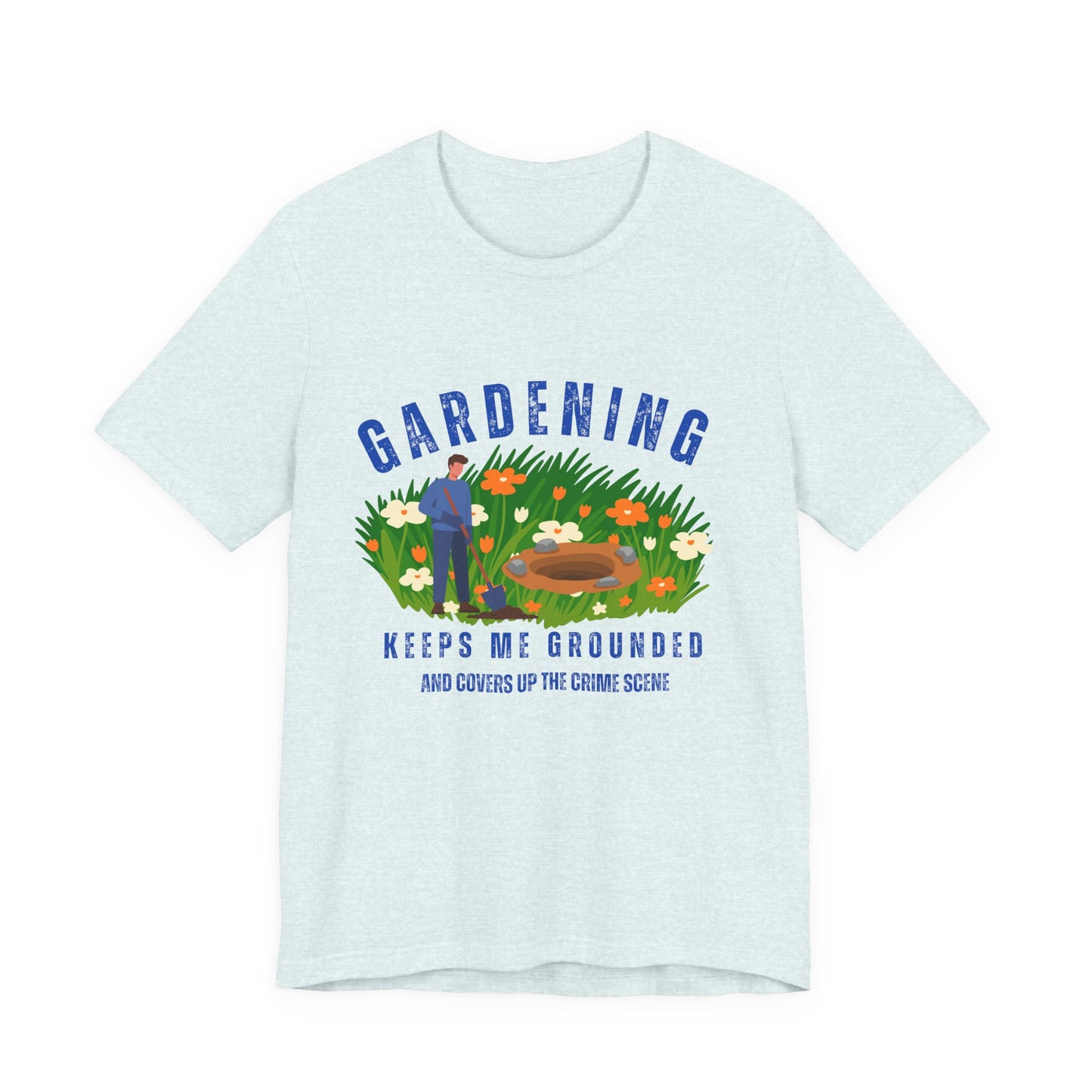 Light blue t-shirt with gardening graphic and text on a white background