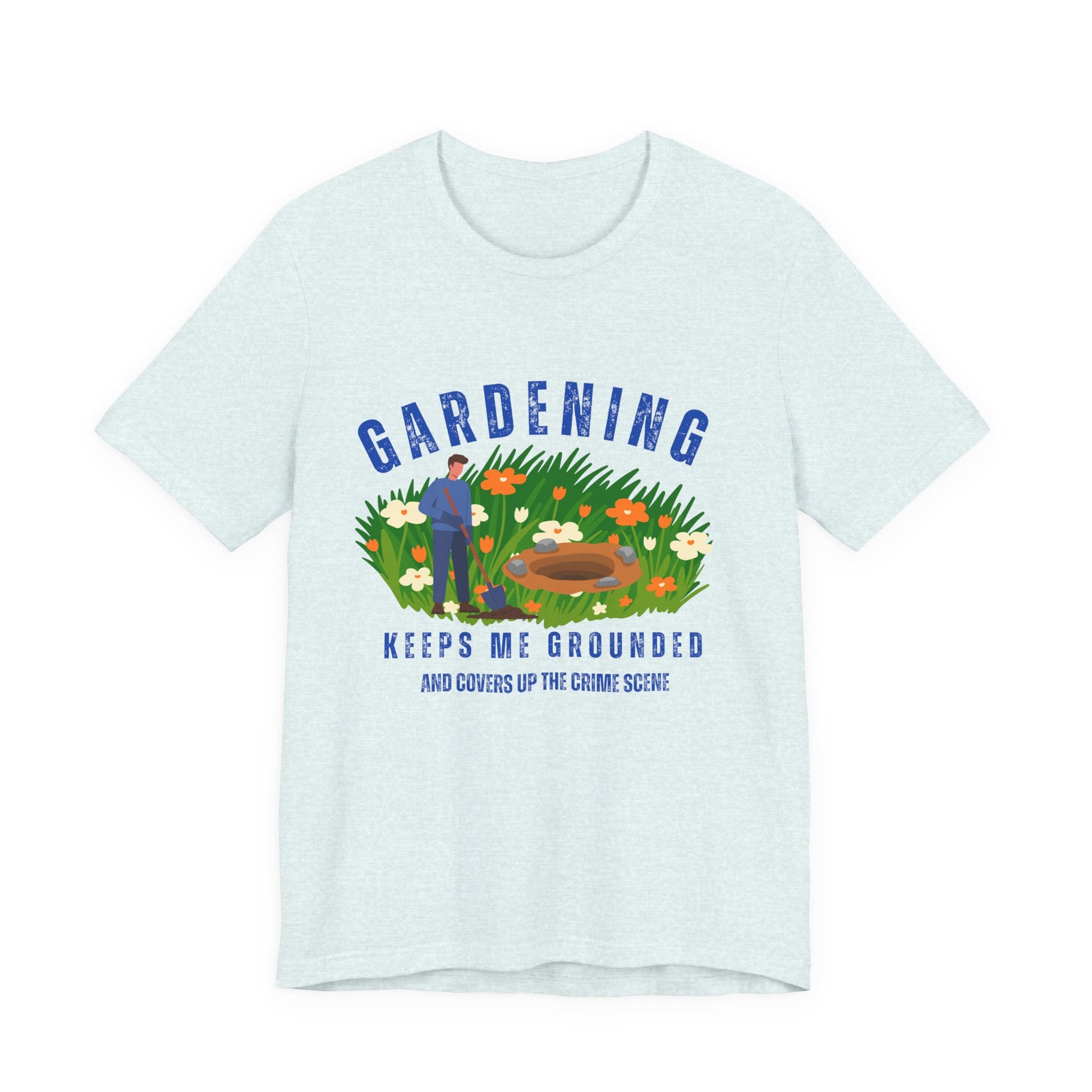 Light blue t-shirt with gardening graphic and text on a white background