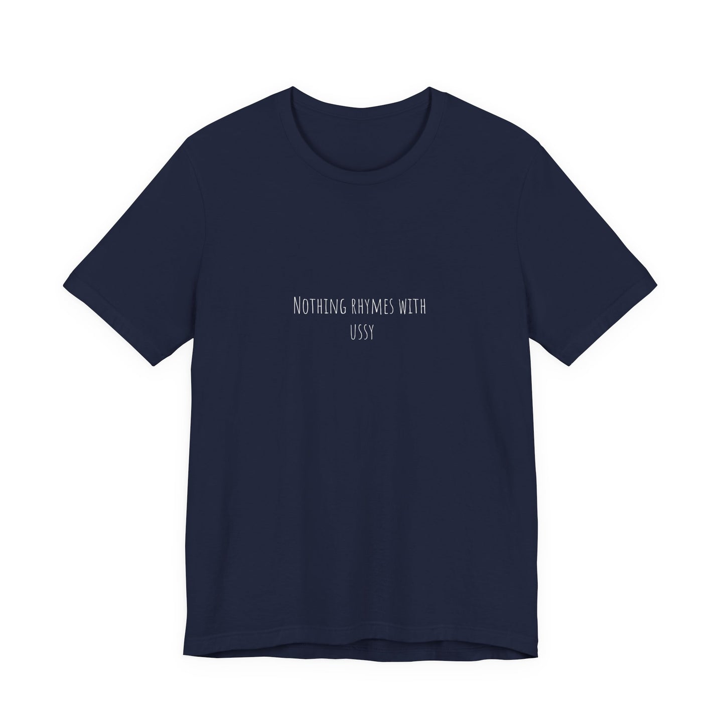 Navy blue t-shirt with white text on a white background
