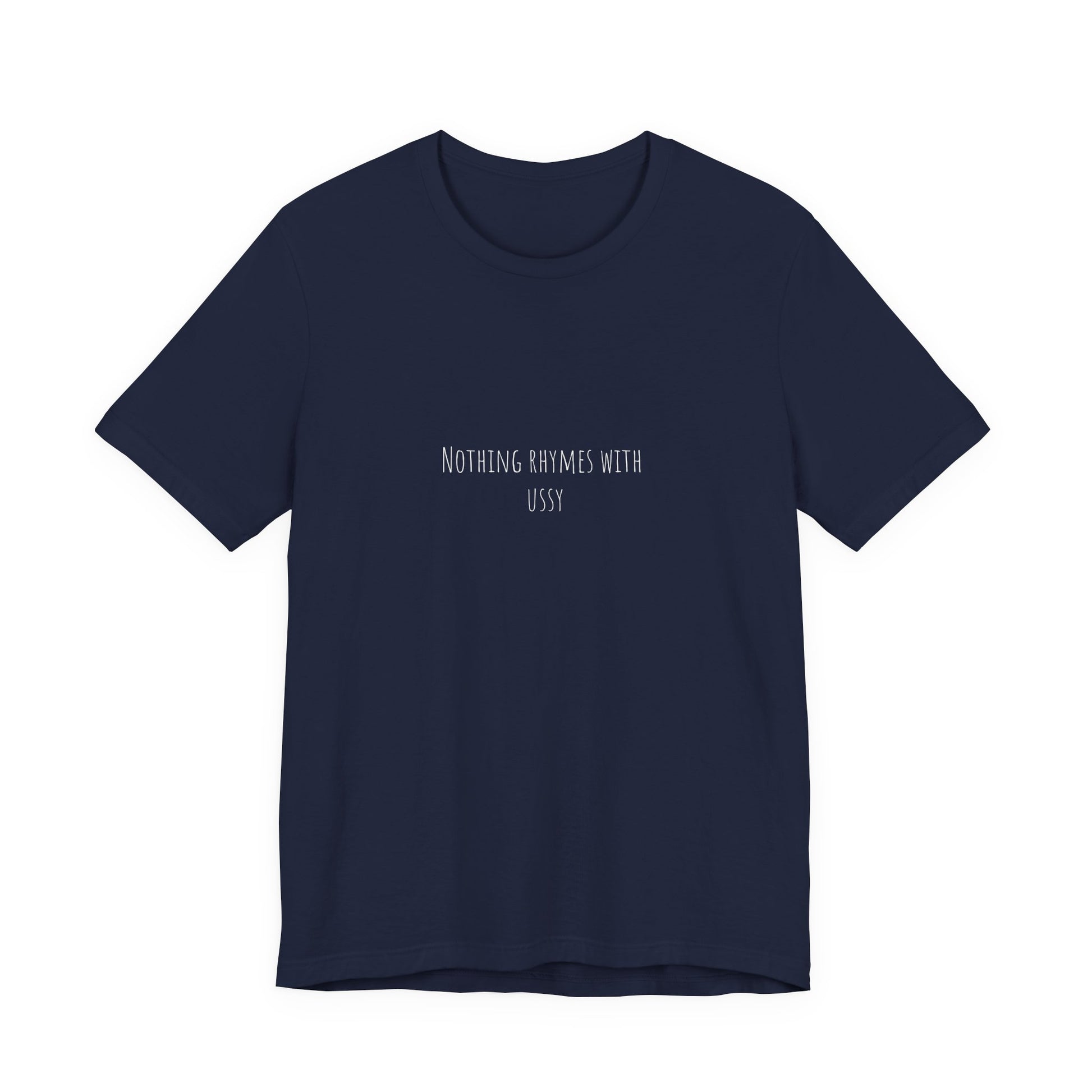 Navy blue t-shirt with white text on a white background