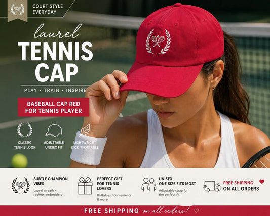 Baseball cap red for tennis player Red tennis cap with Laurel design worn by a person on a tennis court, with promotional text overlay.