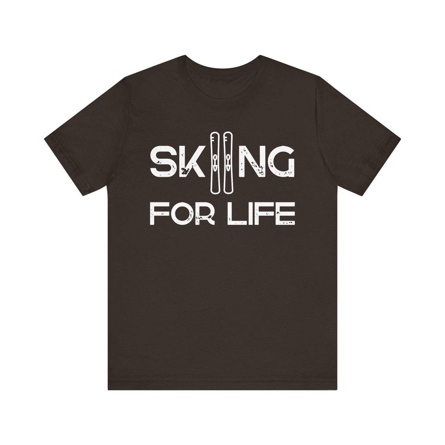 Black t-shirt with 'Skiing for Life' text on a white background