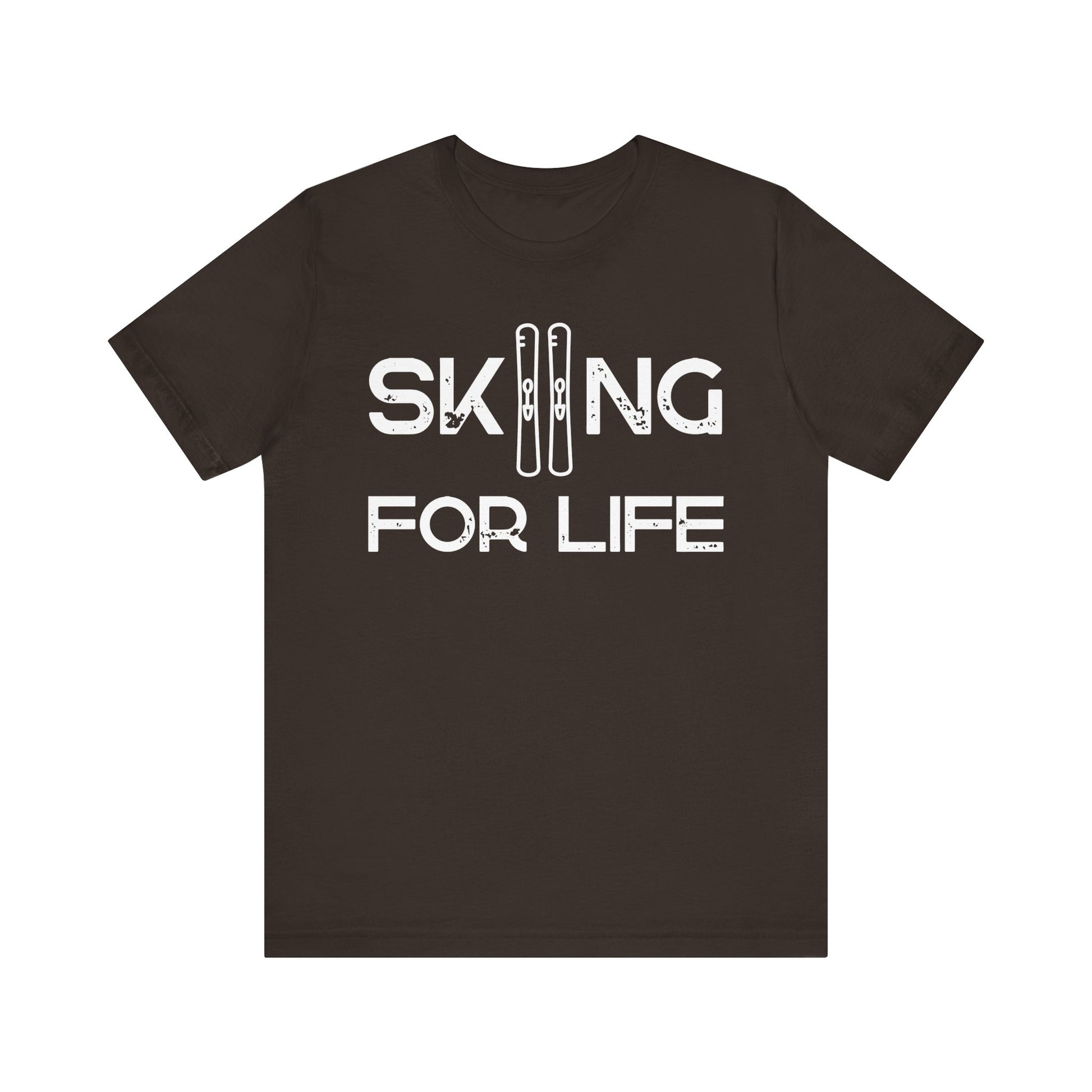 Black t-shirt with 'Skiing for Life' text on a white background