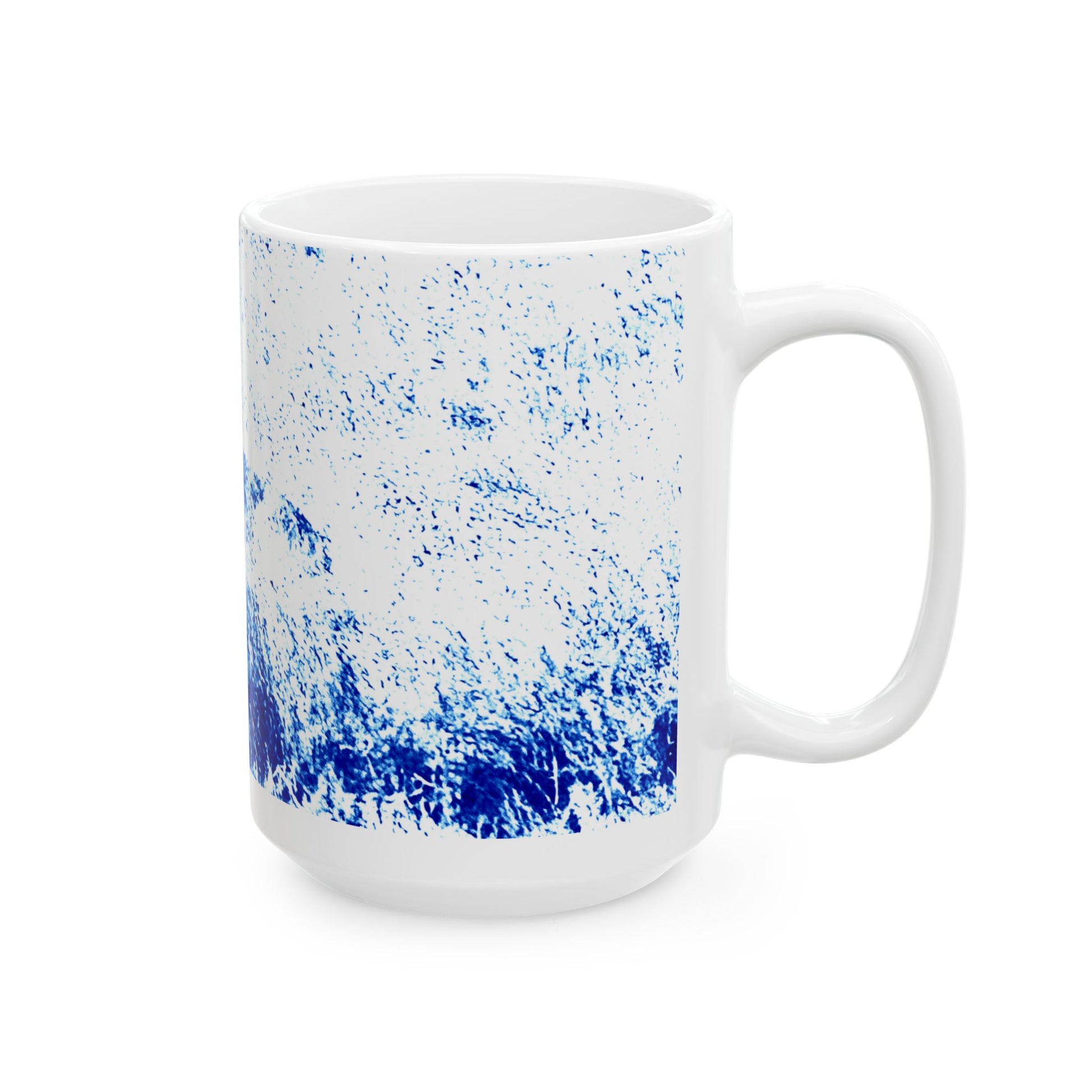 White mug with blue abstract pattern on a white background