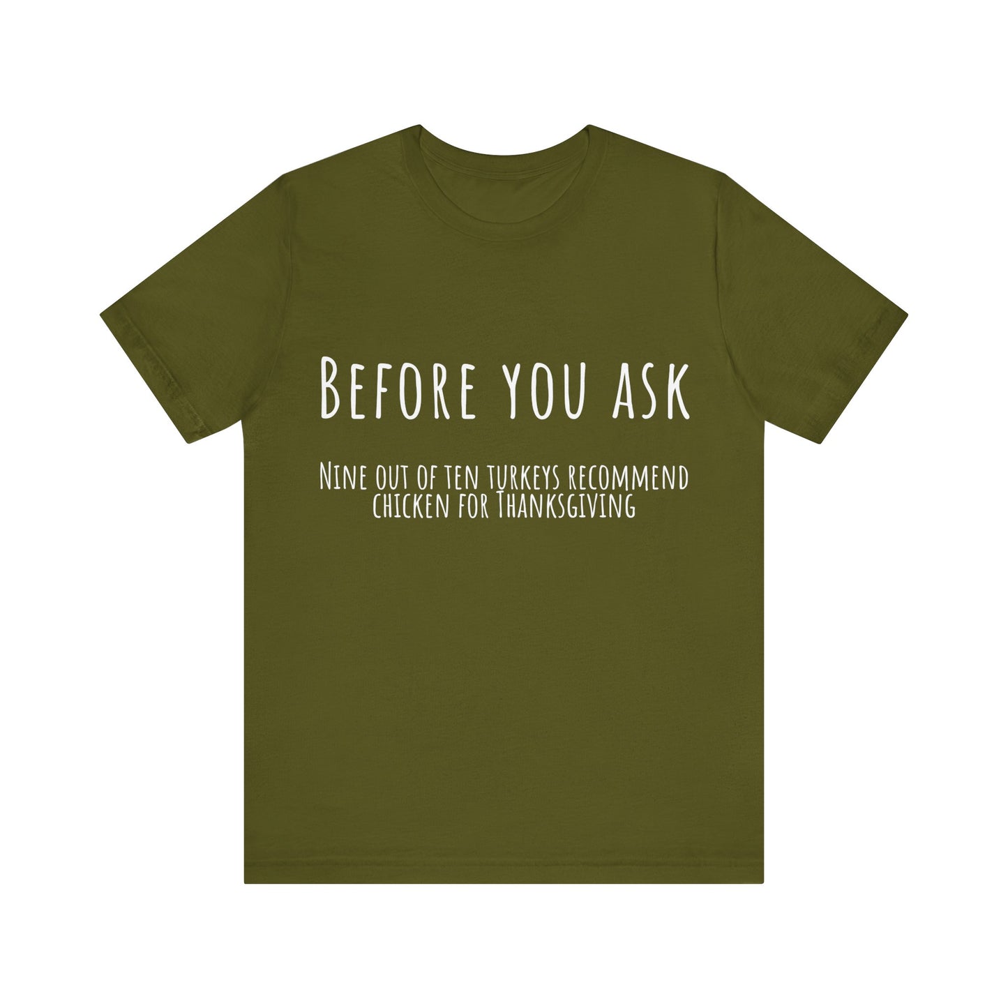 Green t-shirt with white text on a white background