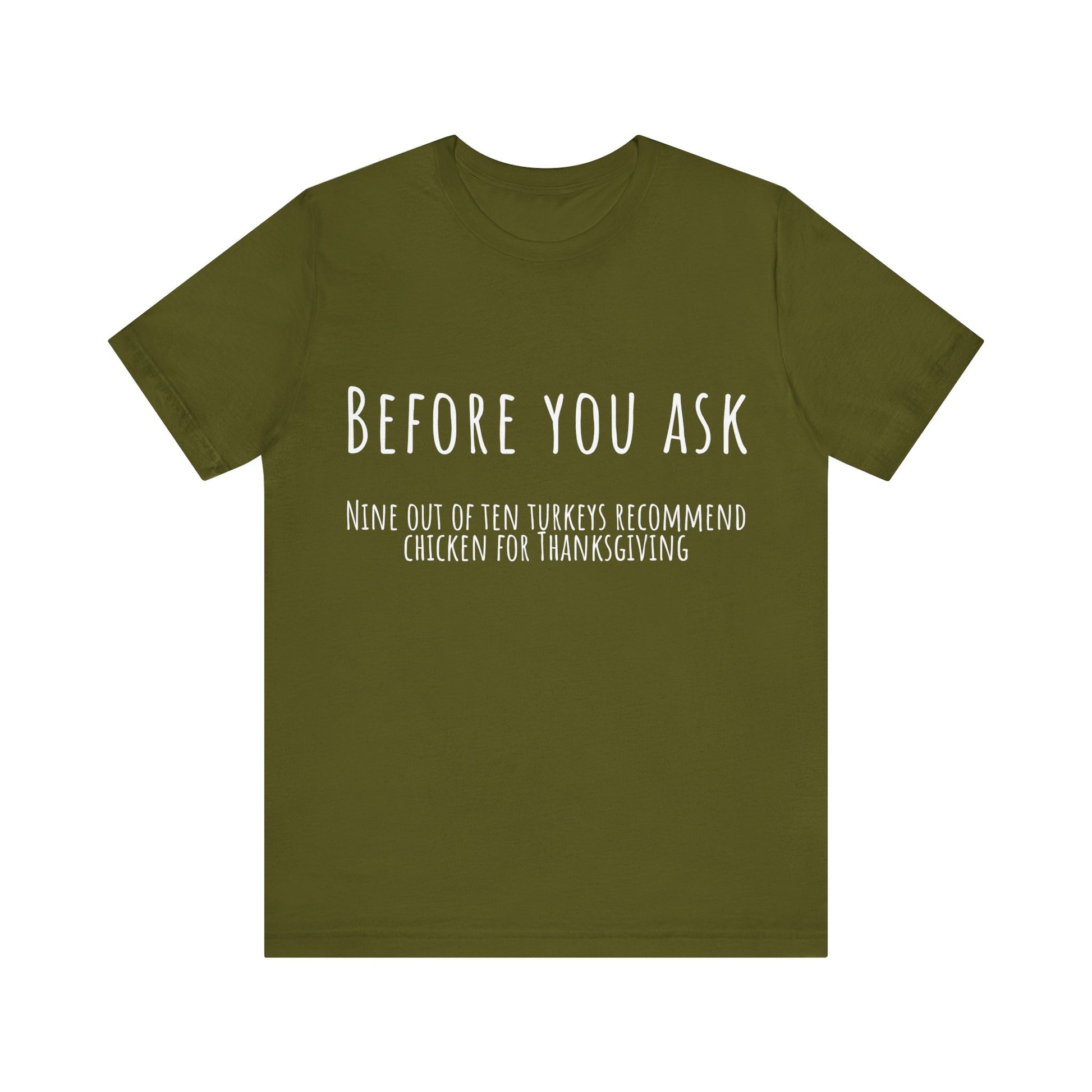 Green t-shirt with white text on a white background