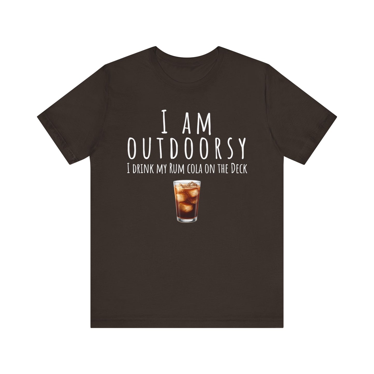 Brown t-shirt with humorous text and a drink graphic on a white background