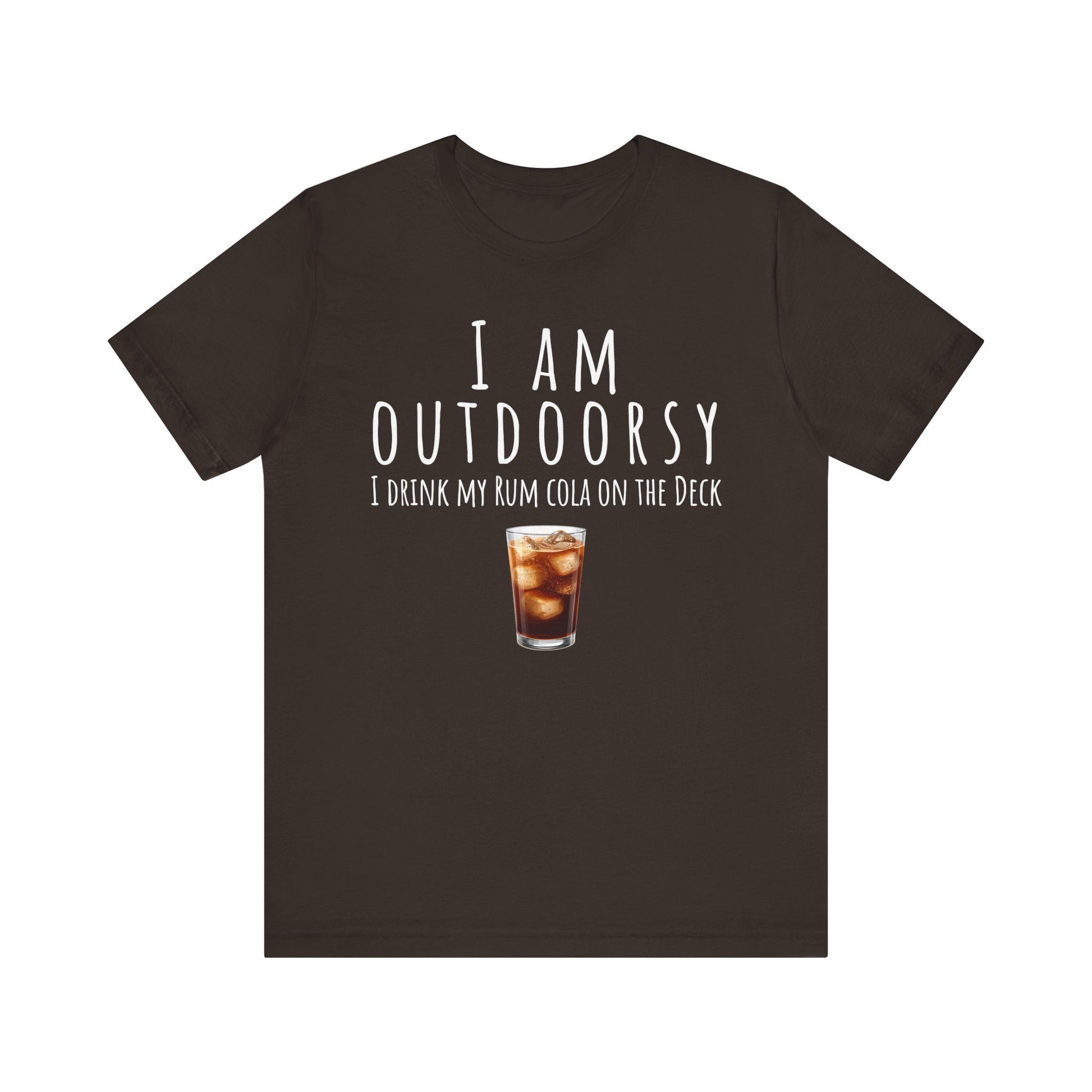 Brown t-shirt with humorous text and a drink graphic on a white background