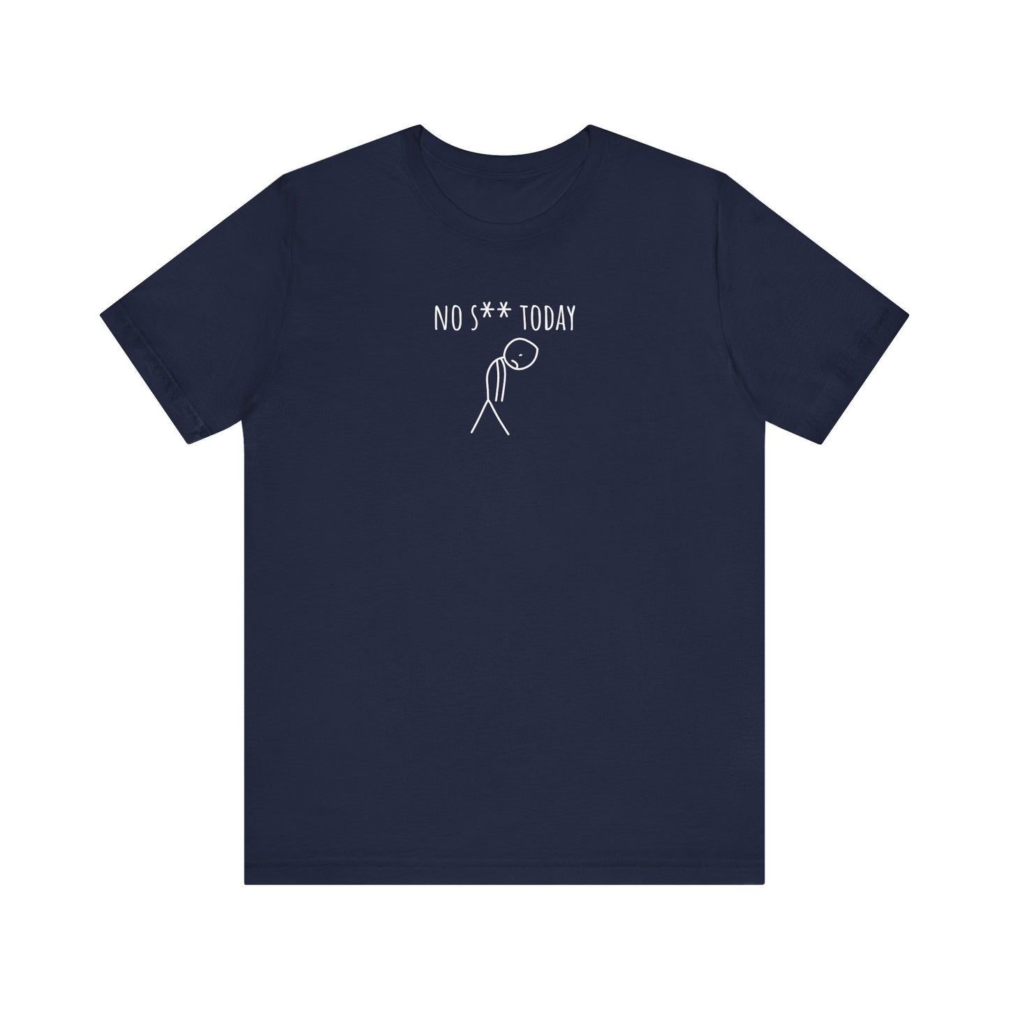 Navy blue t-shirt with white text and graphic on a white background