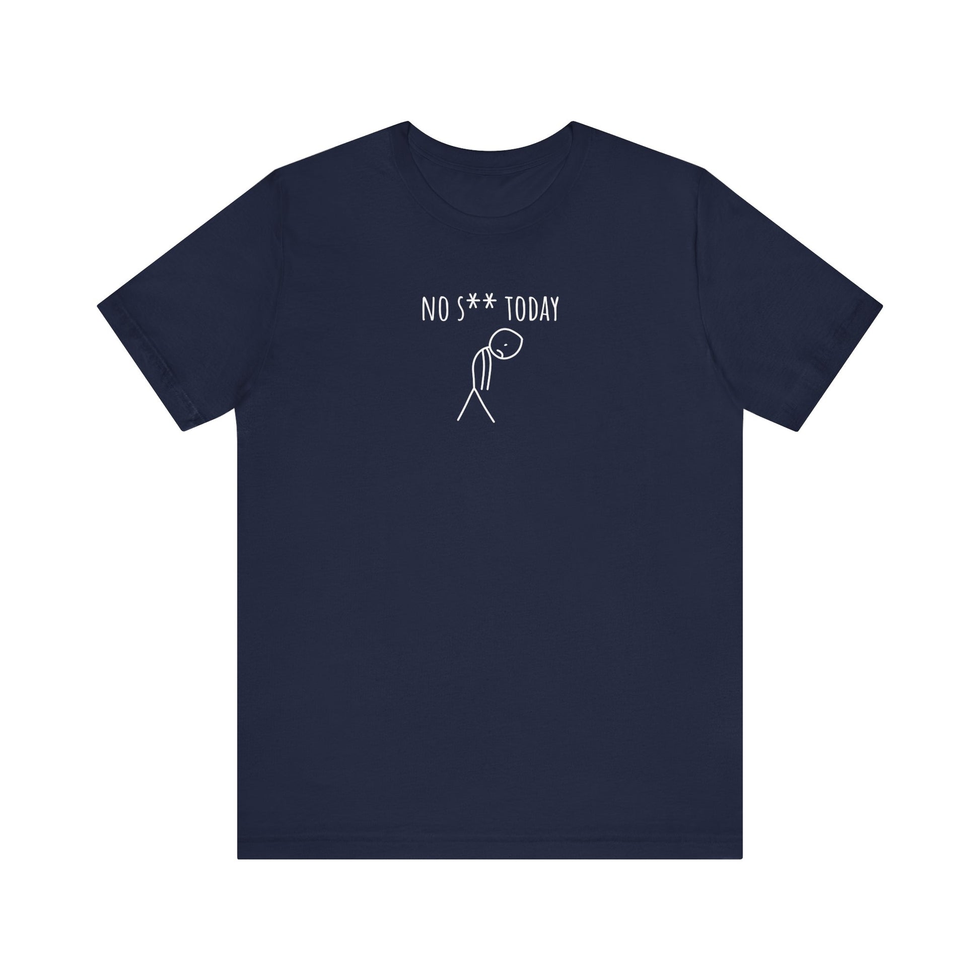 Navy blue t-shirt with white text and graphic on a white background