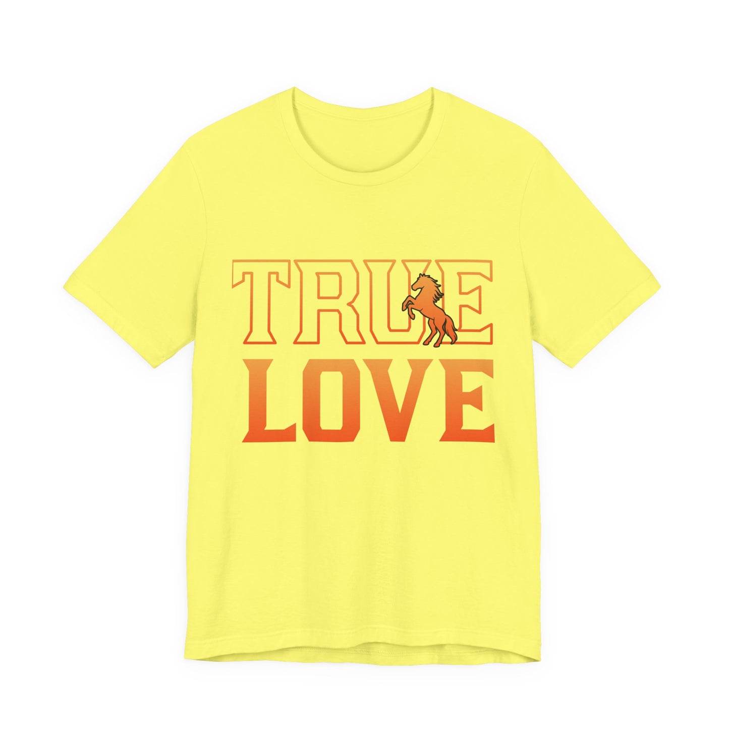 Yellow t-shirt with 'TRUE LOVE' text and horse graphic on a white background