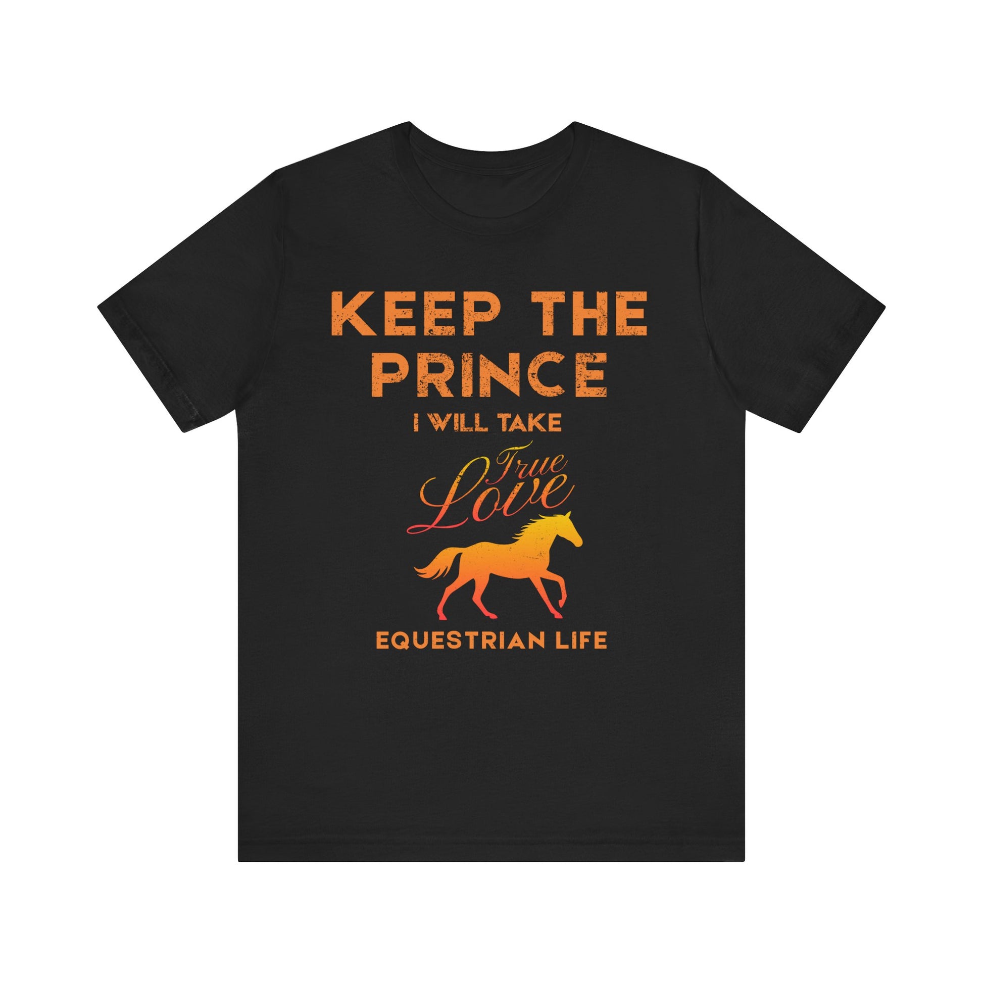 Black t-shirt with orange text and a horse graphic on a white background