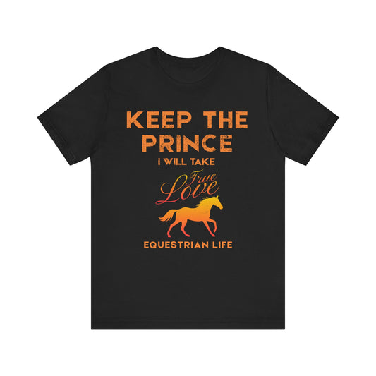Black t-shirt with orange text and a horse graphic on a white background
