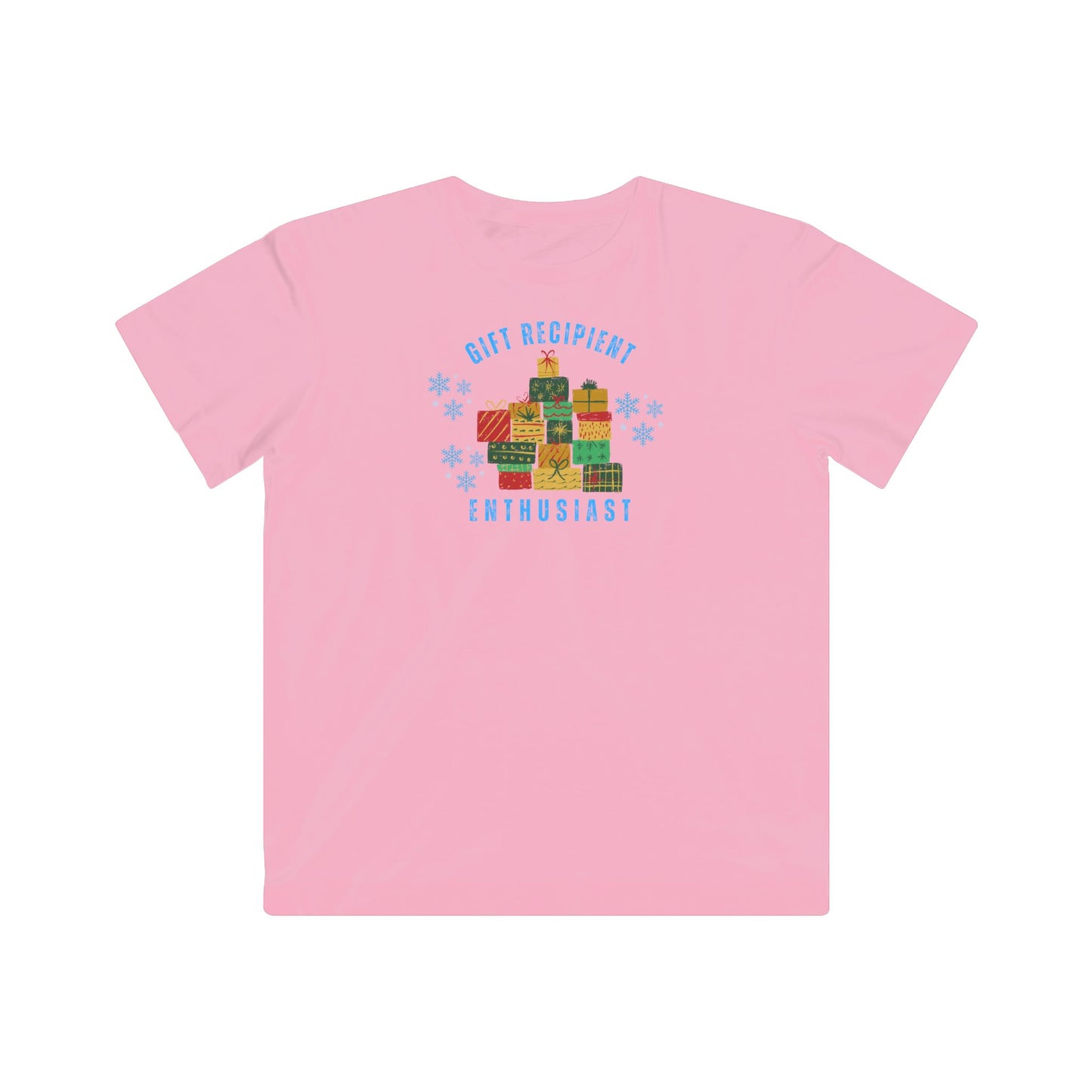 Pink t-shirt with a graphic design and text on a white background