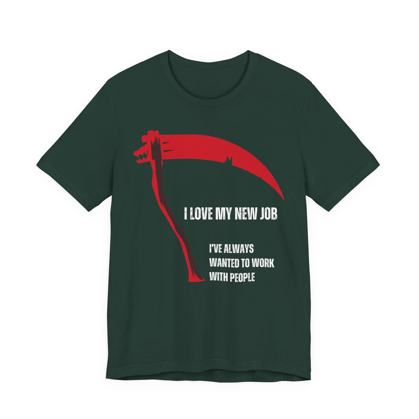 Green t-shirt with red graphic and white text on a white background