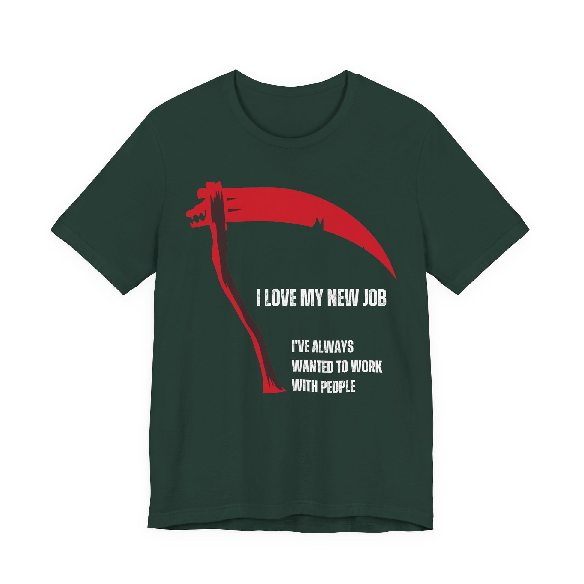 Green t-shirt with red graphic and white text on a white background