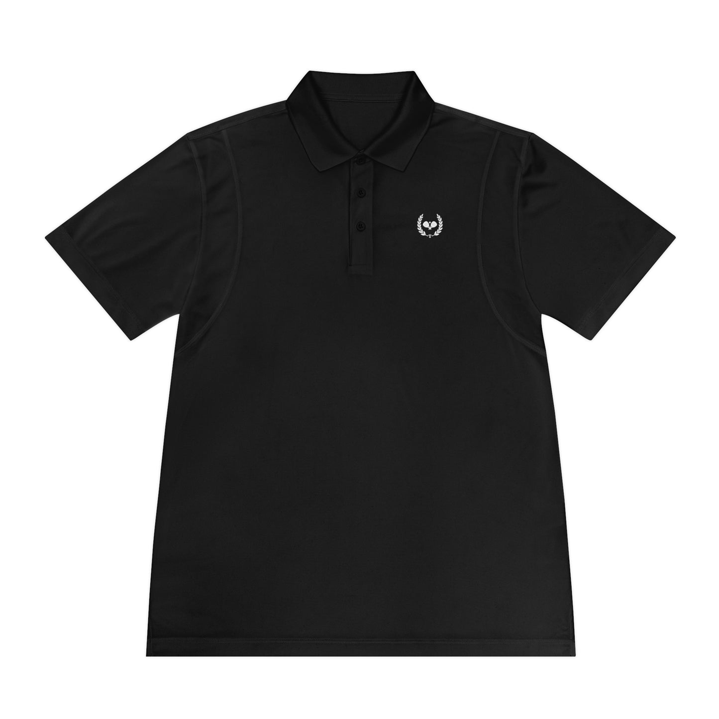 Black polo shirt with a white logo on a white background
