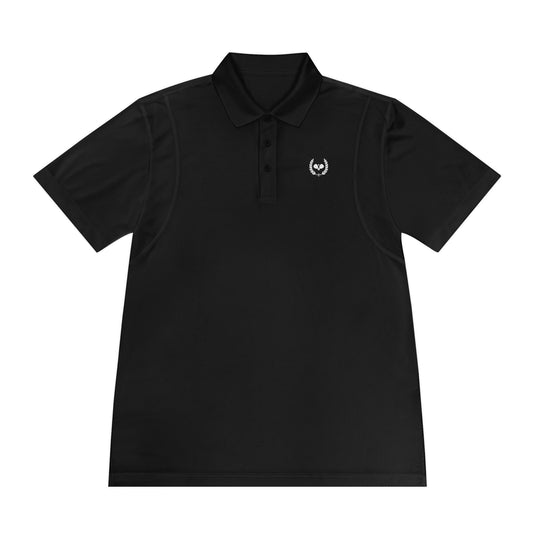 Black polo shirt with a white logo on a white background