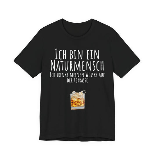 Black t-shirt with white text and a glass of whiskey graphic on a white background