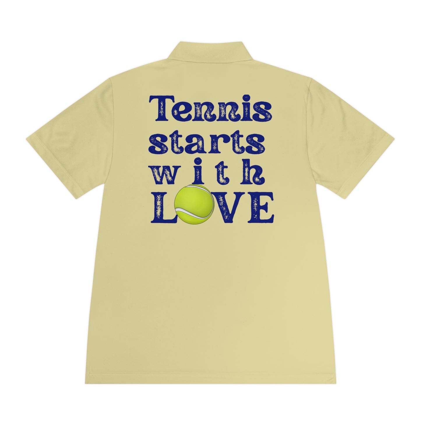 Tennis Polo Women Beige shirt with 'Tennis starts with LOVE' text and tennis ball graphic on a white background