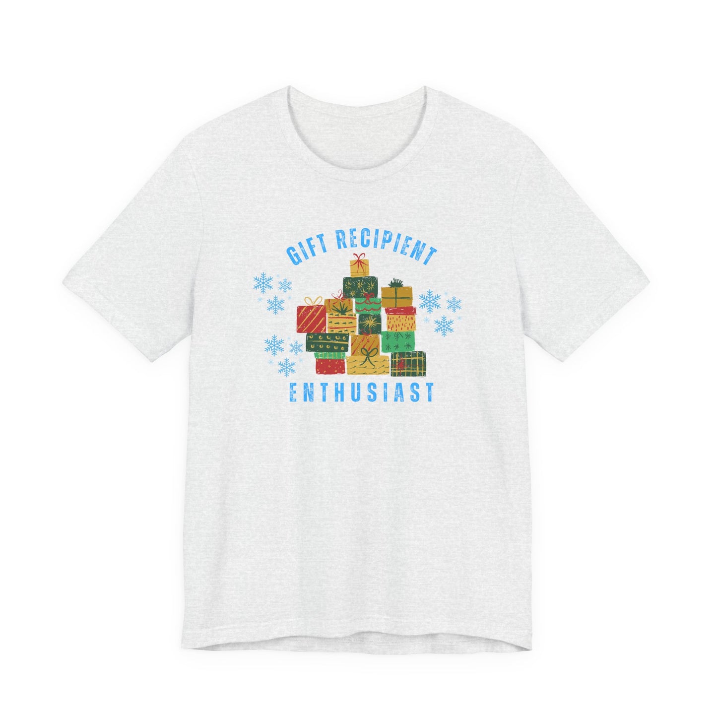 White t-shirt with colorful gift graphic and text on a white background