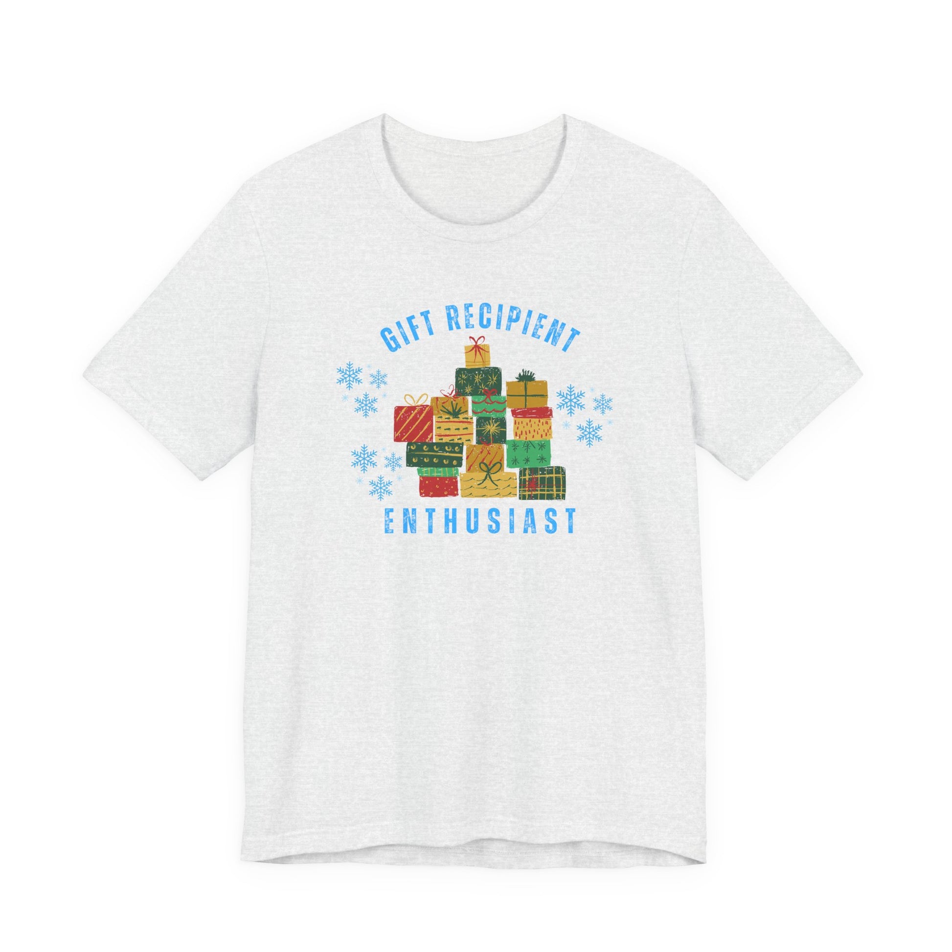White t-shirt with colorful gift graphic and text on a white background
