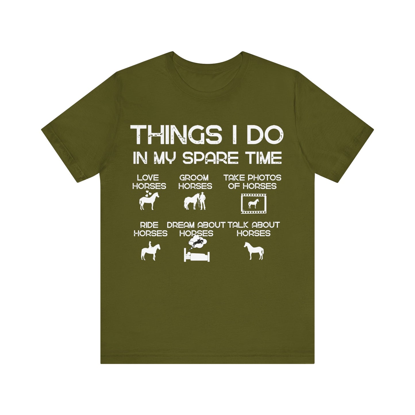 Green t-shirt with white text and horse-related graphics on a white background