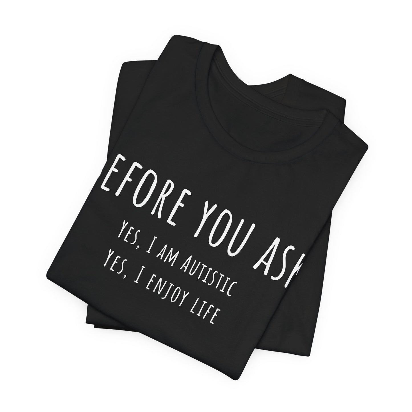 Black t-shirt with white text on a white background