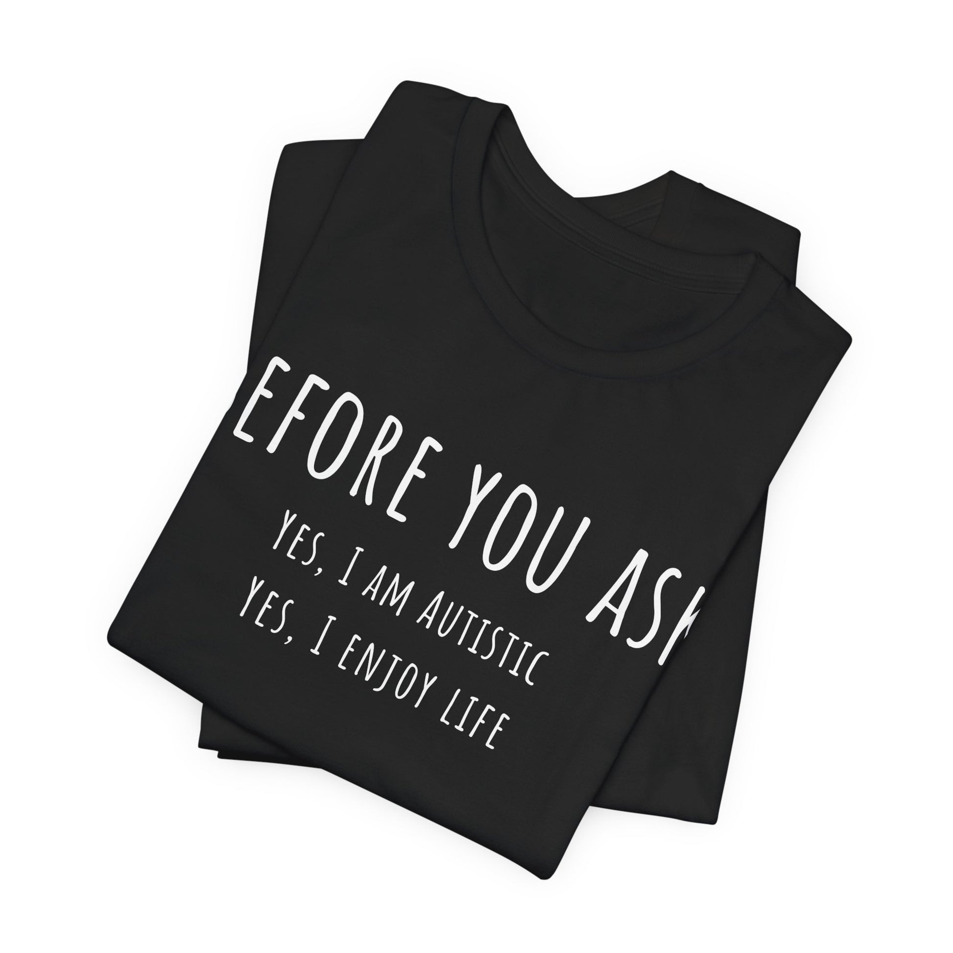 Black t-shirt with white text on a white background