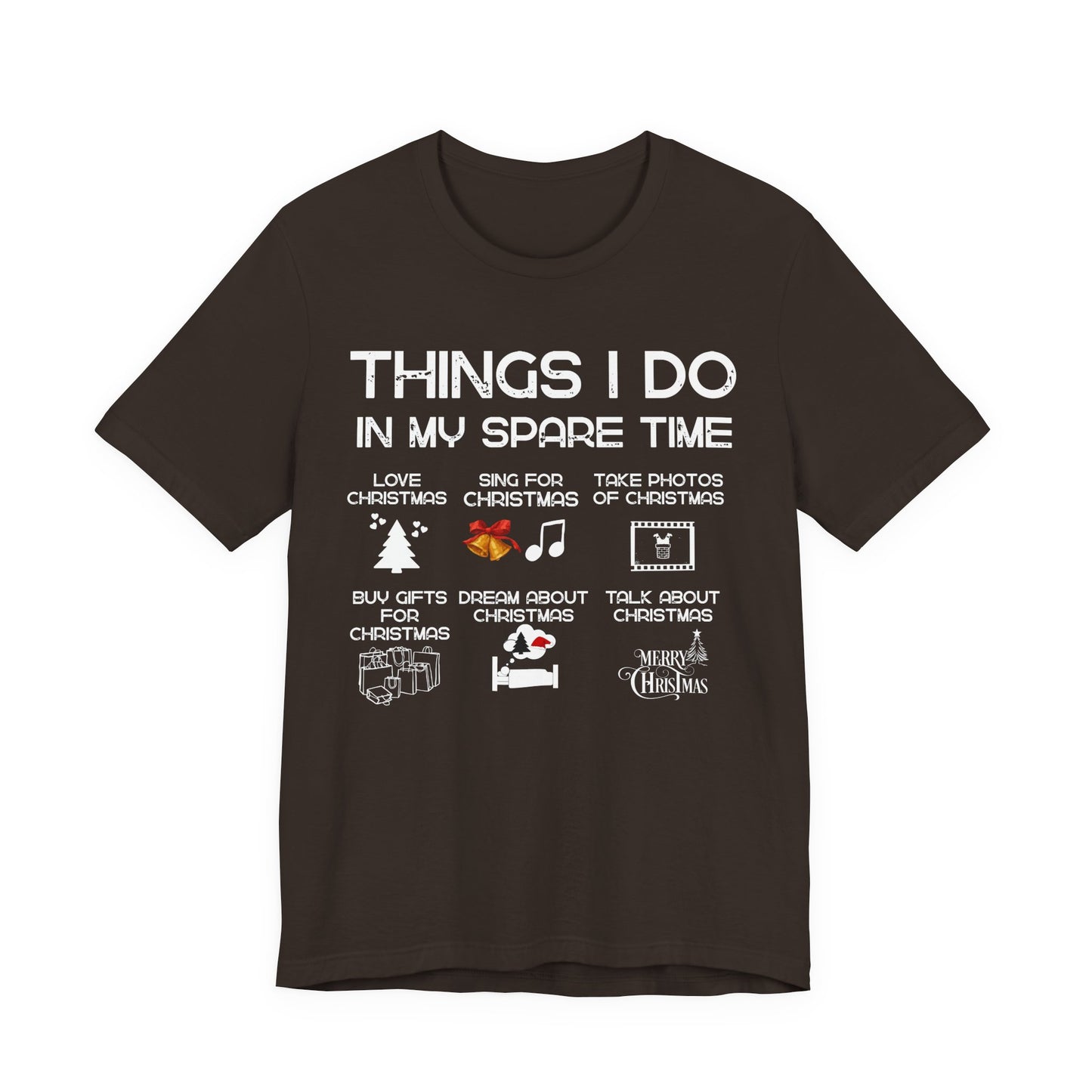 Black t-shirt with white text and Christmas-themed graphics on a white background