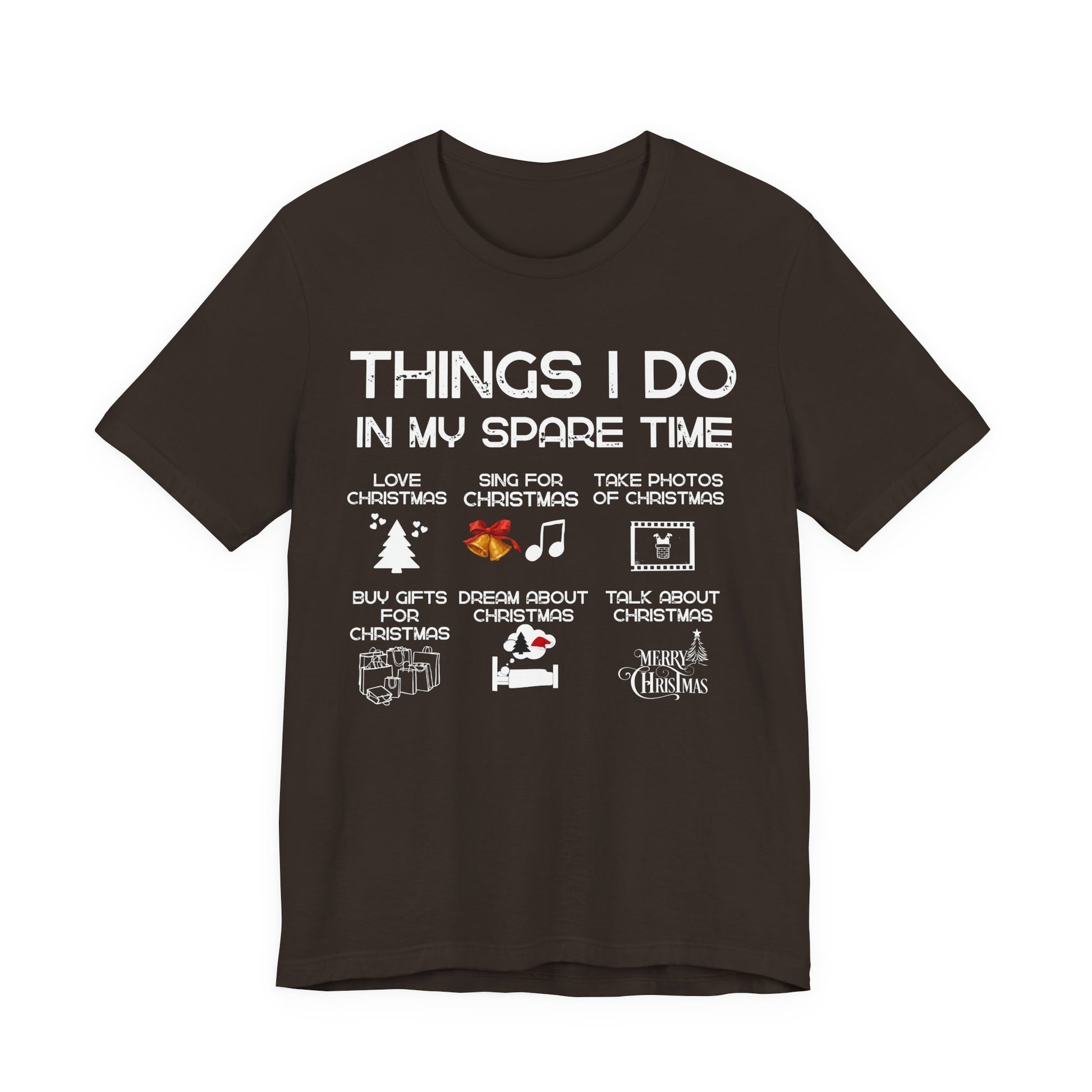 Black t-shirt with white text and Christmas-themed graphics on a white background