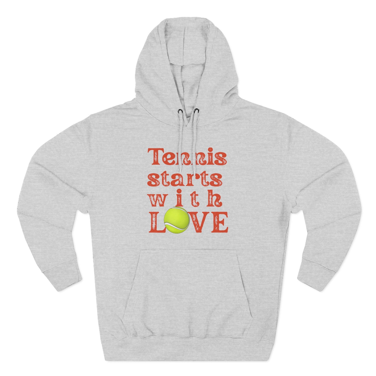 Gray hoodie with 'Tennis starts with LOVE' text and tennis ball graphic on a white background