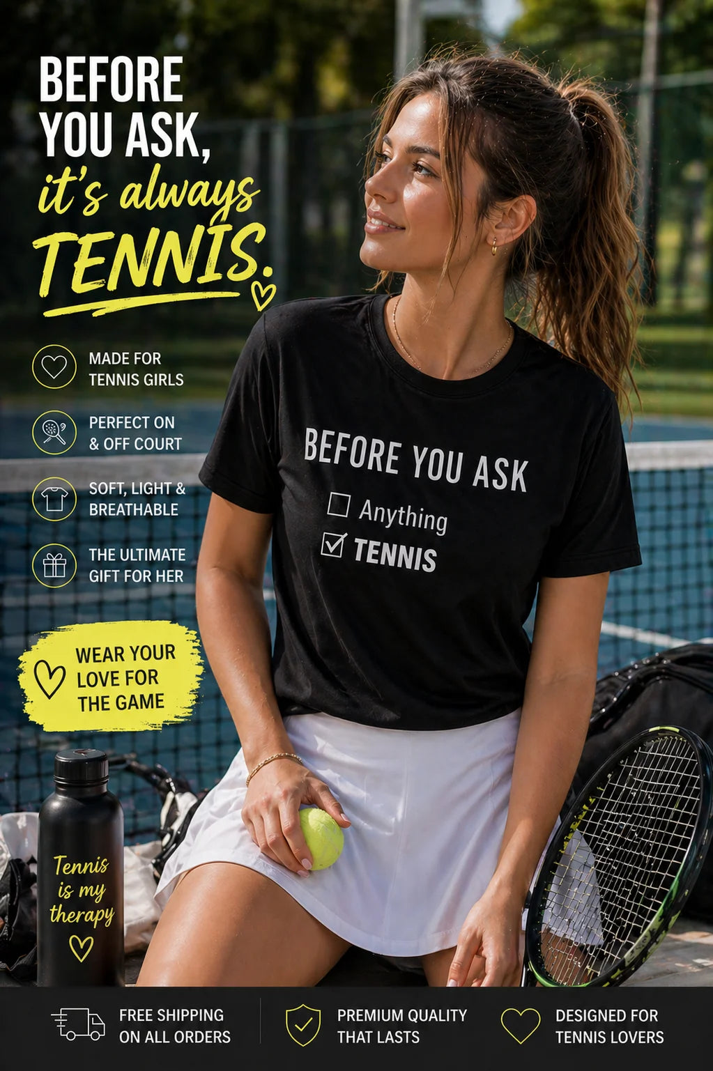 Funny Tennis T-Shirt Woman on a tennis court wearing a black t-shirt with 'Before You Ask, It's Always Tennis' text.