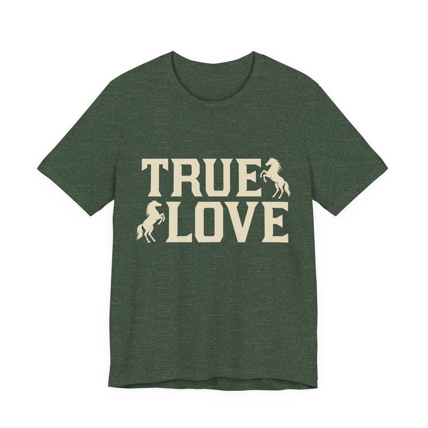 Green t-shirt with 'TRUE LOVE' text and horse graphics on a white background