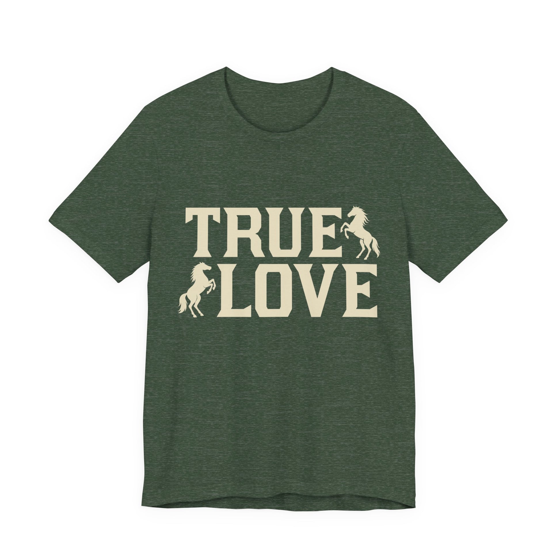 Green t-shirt with 'TRUE LOVE' text and horse graphics on a white background