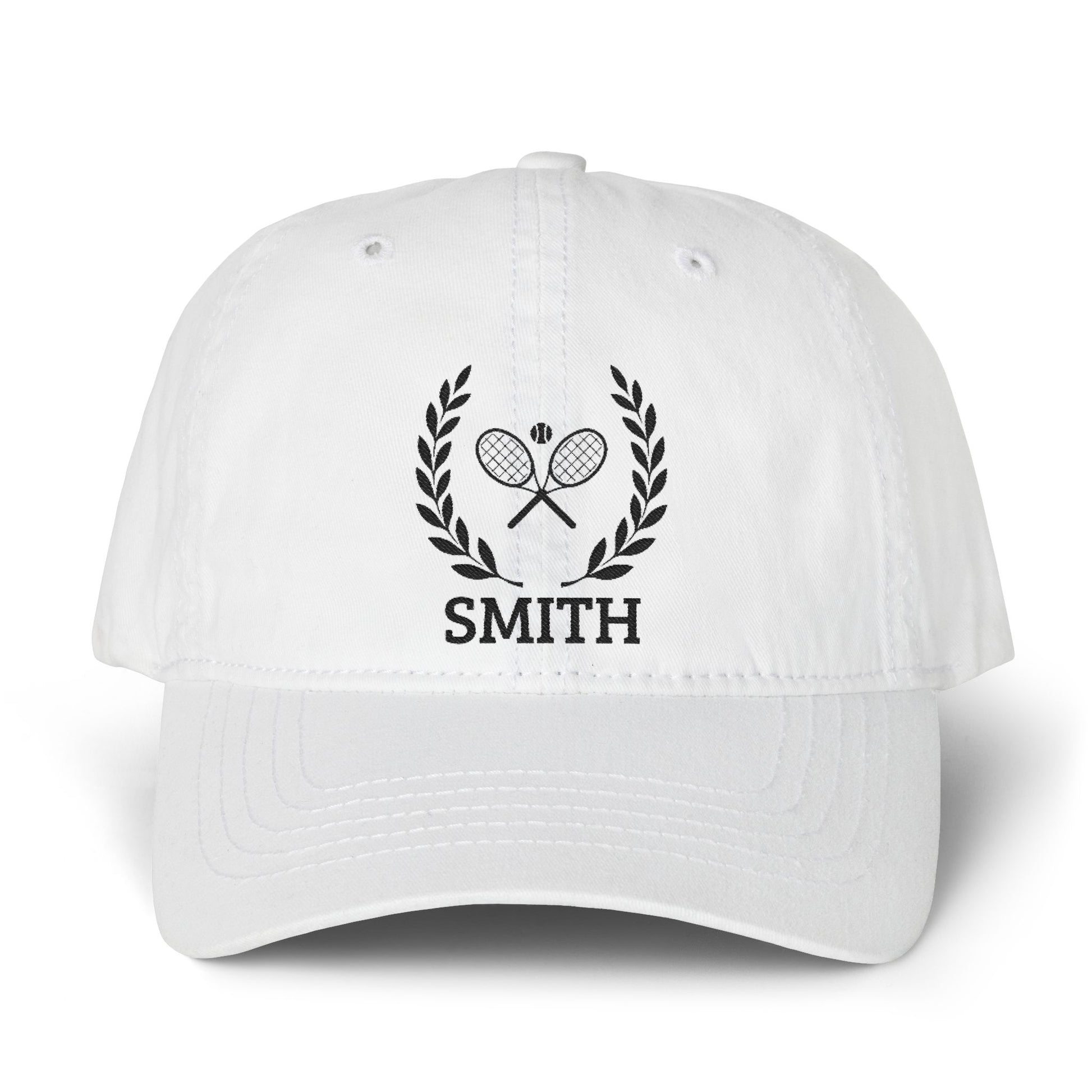 Tennis cap for women White cap with black logo and text on a white background