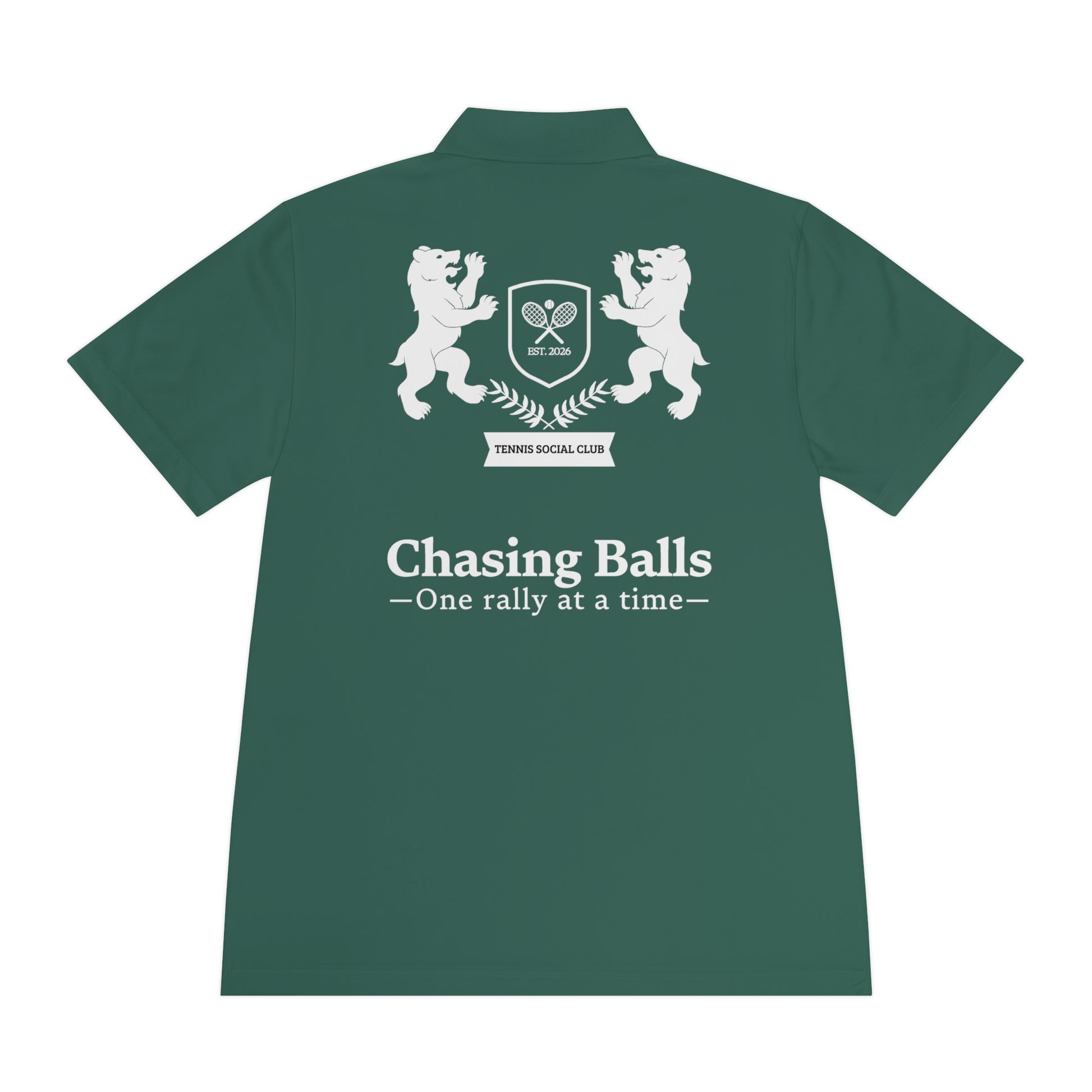 Green polo shirt with tennis-themed design on the back