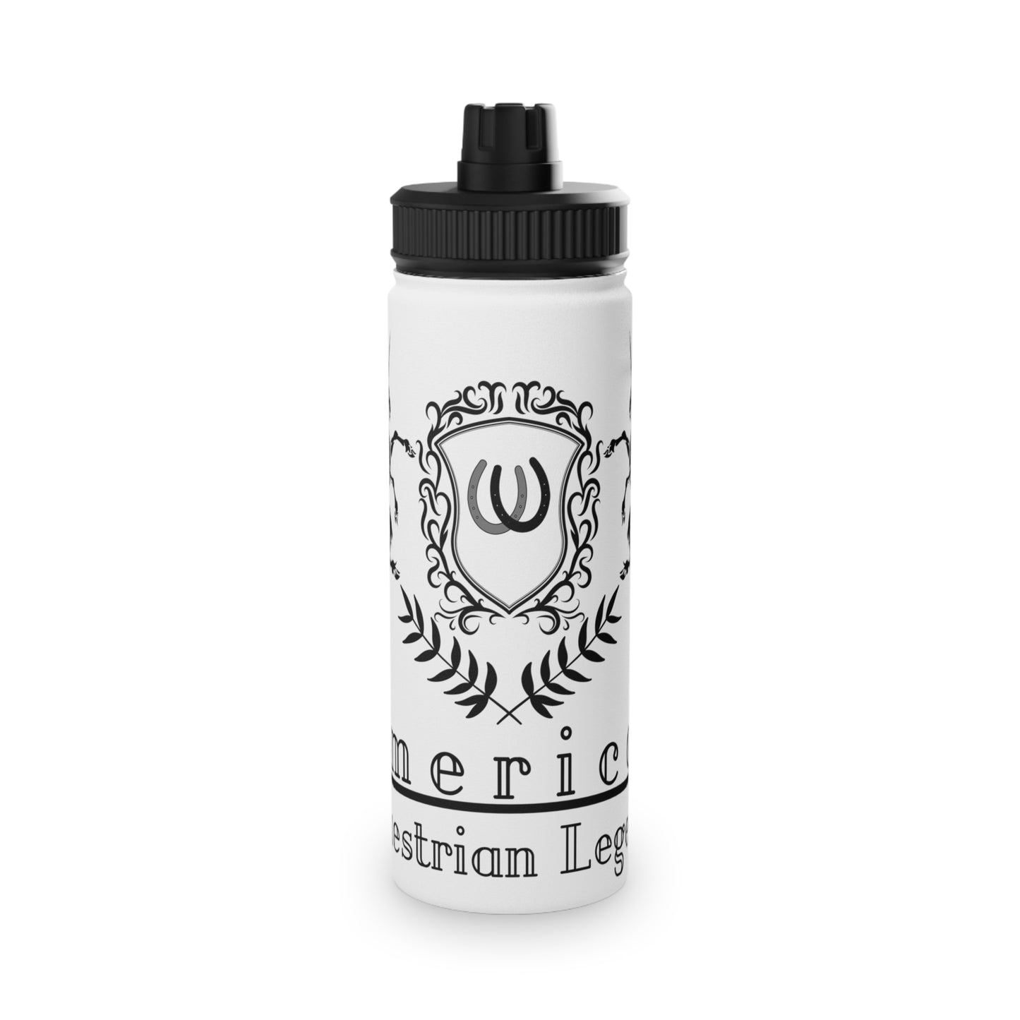 White water bottle with black design and text on a white background
