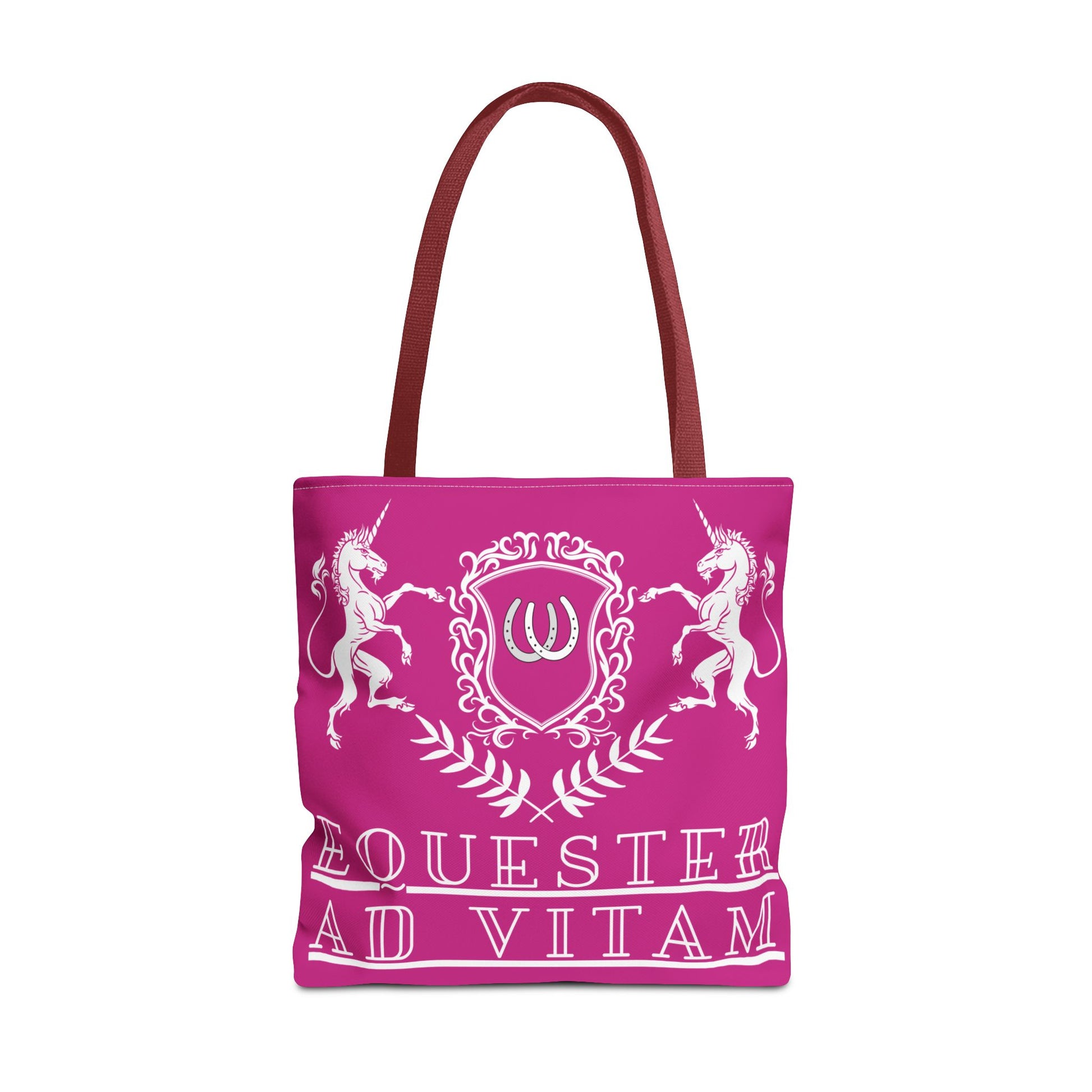 Pink tote bag with white unicorn design and text on a white background