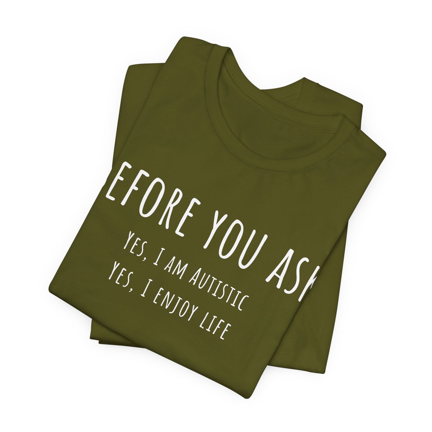 Folded green t-shirt with white text on a white background