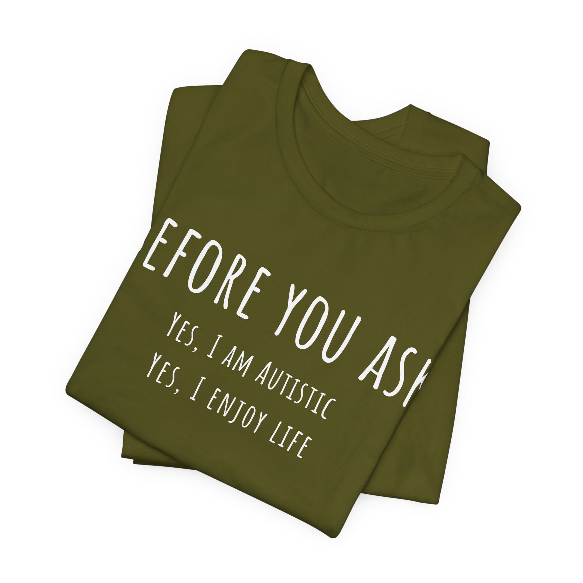 Folded green t-shirt with white text on a white background