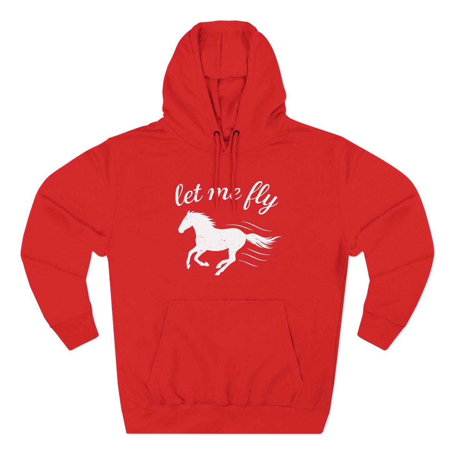 Red hoodie with a white horse graphic and 'let me fly' text on a white background