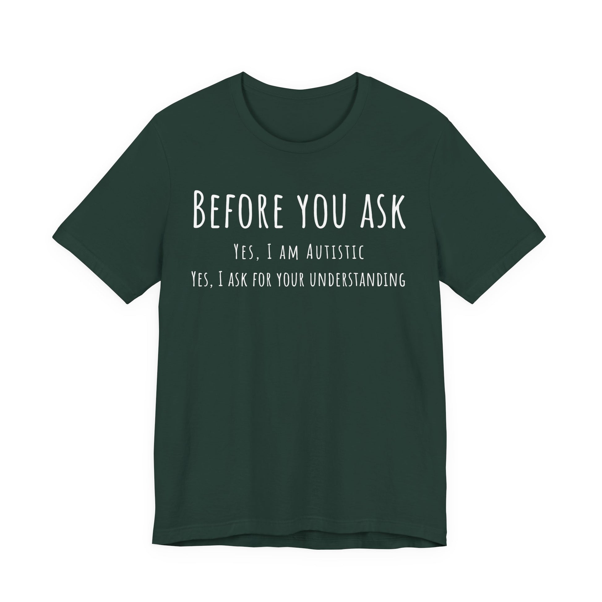 Green t-shirt with white text on a white background