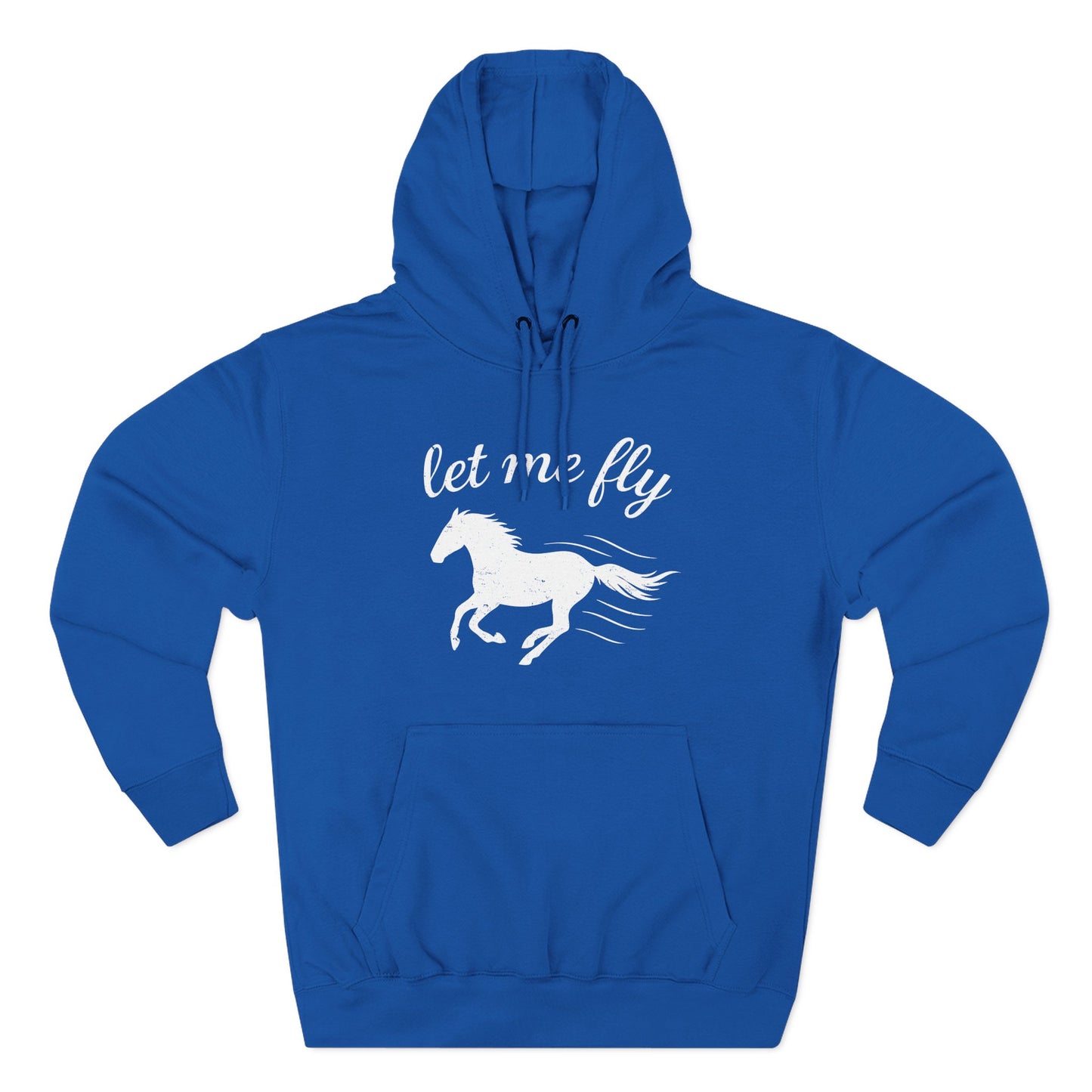 Blue hoodie with a white horse graphic and 'let me fly' text on a white background