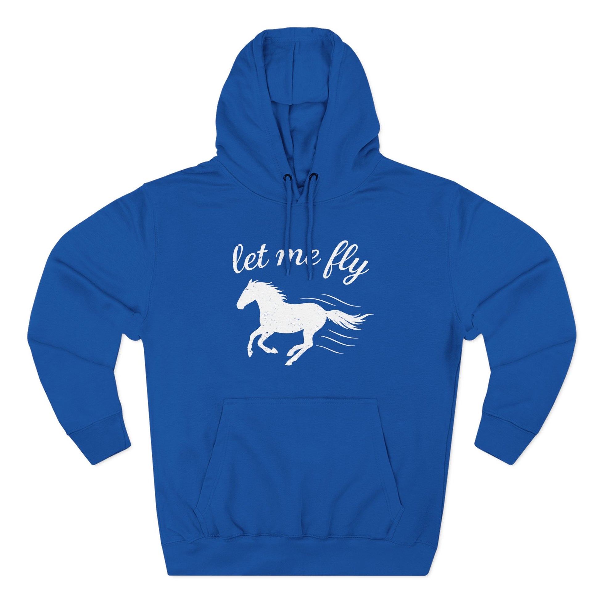 Blue hoodie with a white horse graphic and 'let me fly' text on a white background