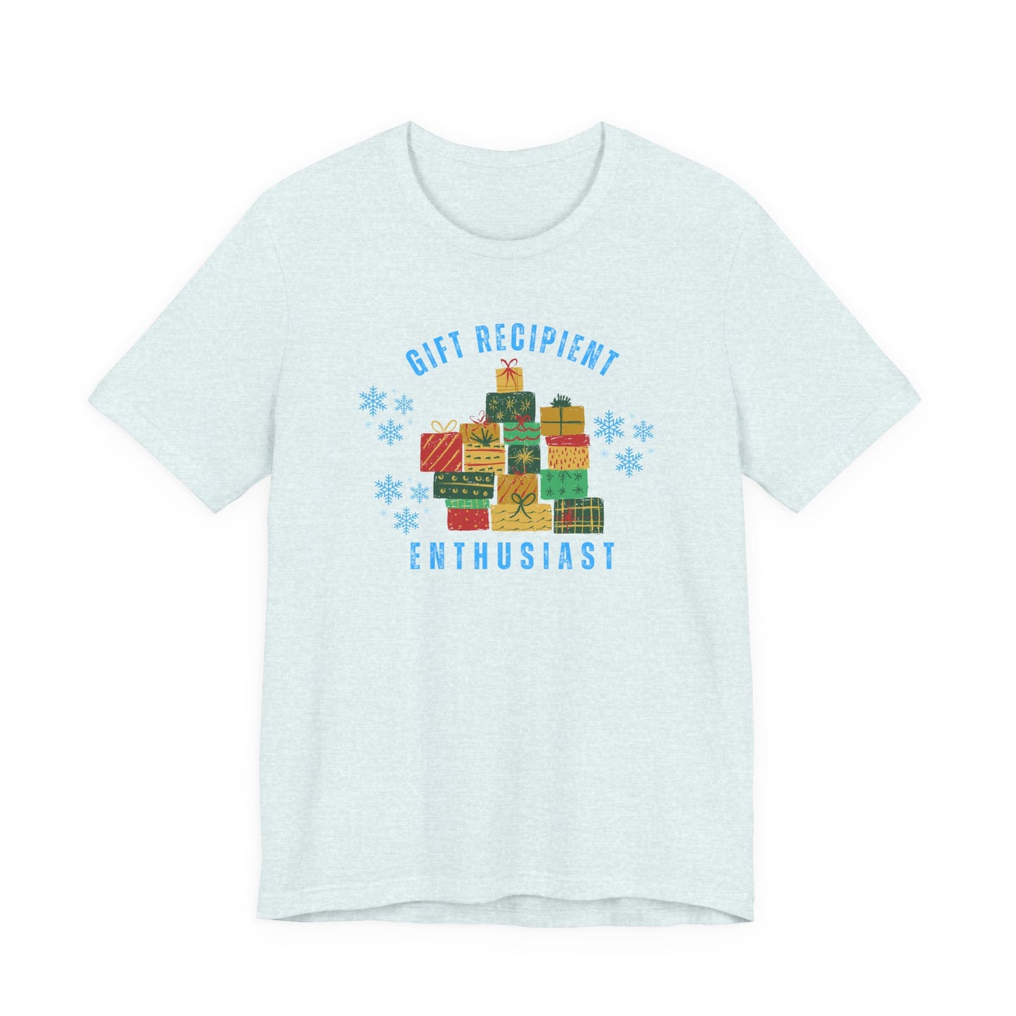 Light blue t-shirt with colorful gift graphic and text on a white background