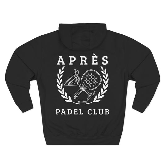 Hoodie Padel Black hoodie with 'Apres Padel Club' design on a white background