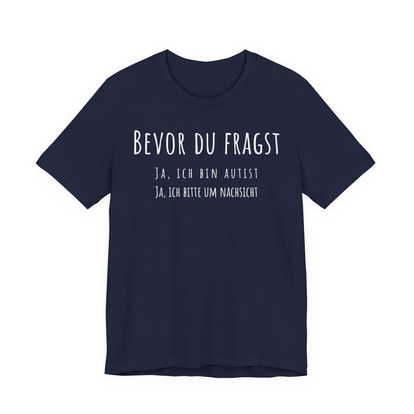 Navy blue t-shirt with white text on a white background