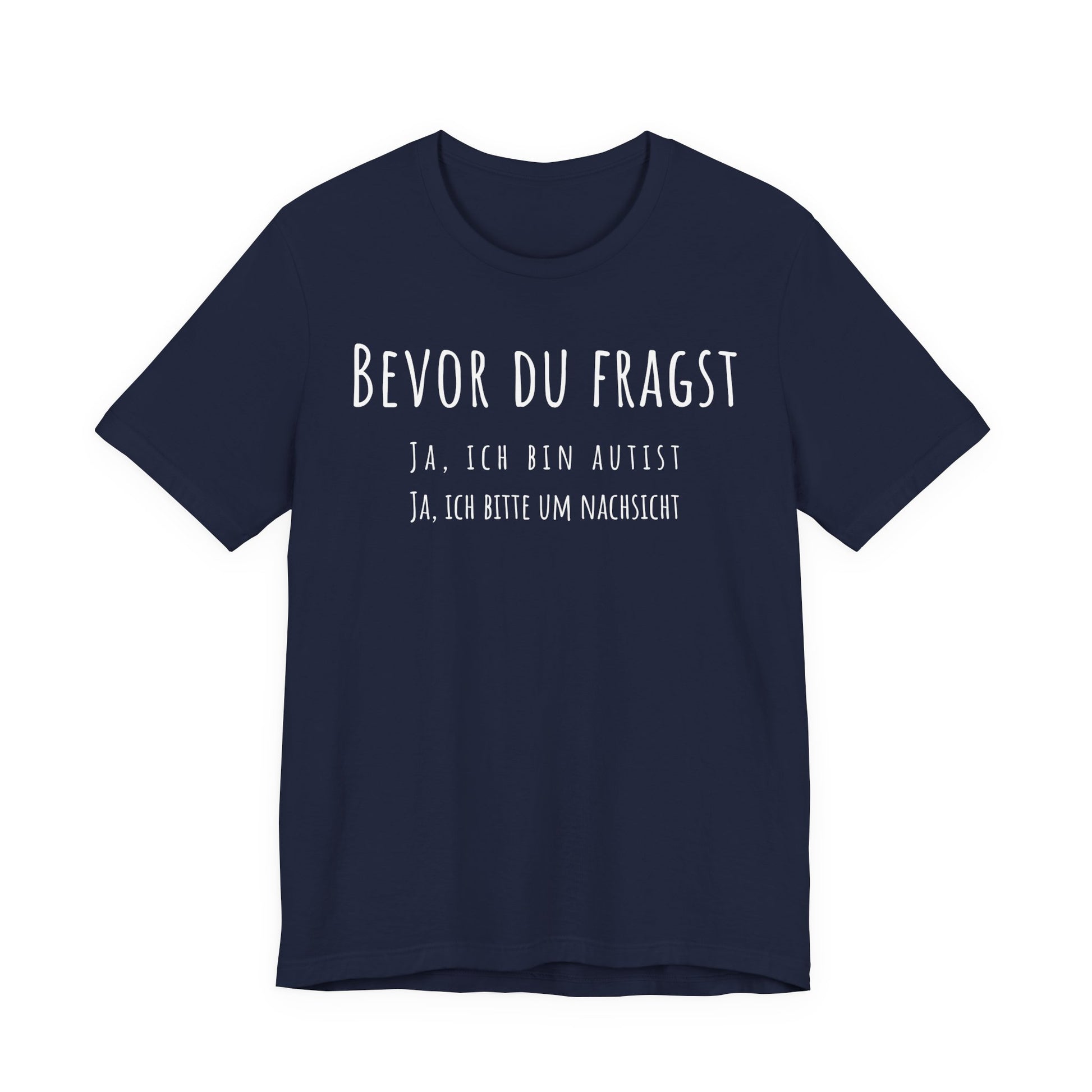 Navy blue t-shirt with white text on a white background