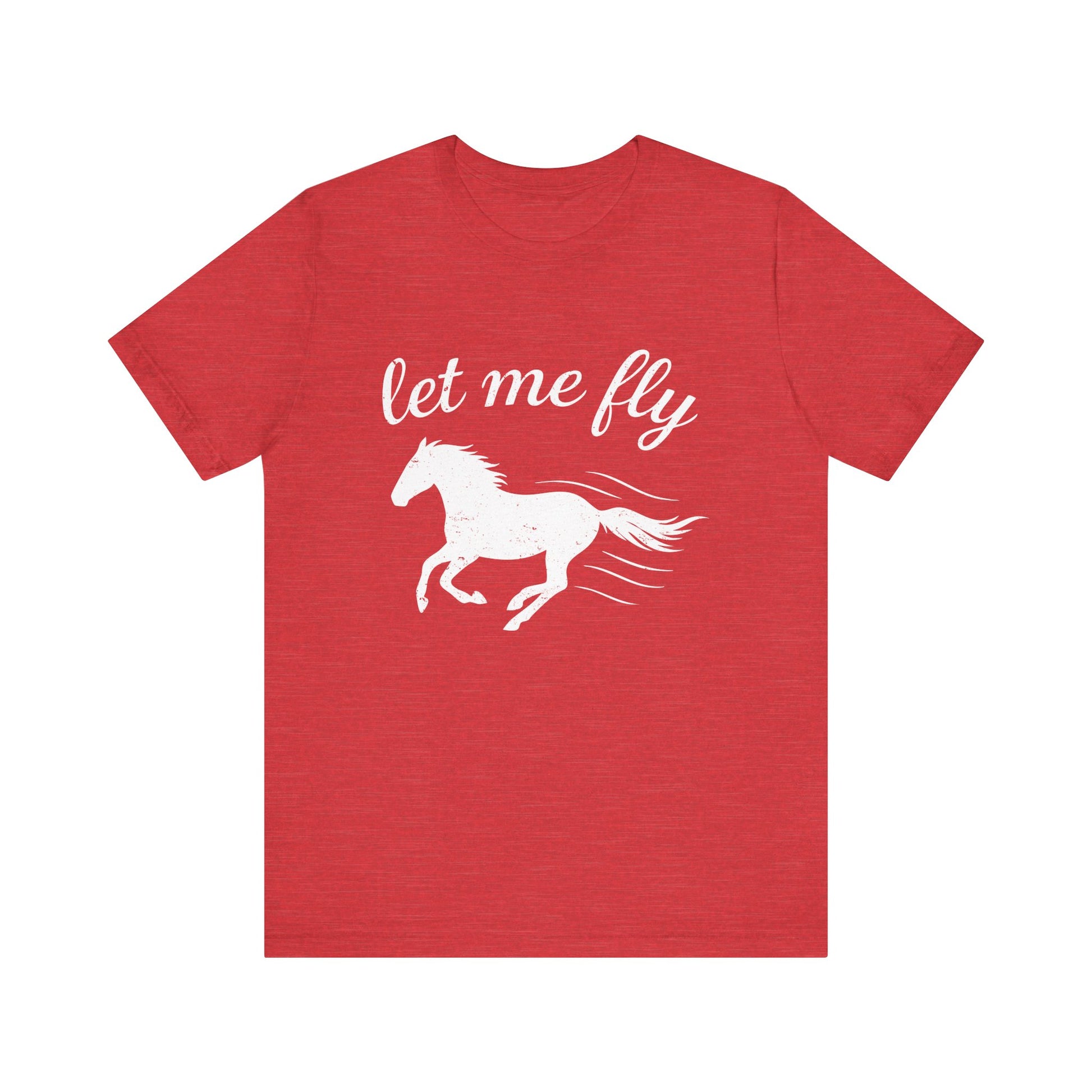 Red t-shirt with white horse graphic and 'let me fly' text on a white background